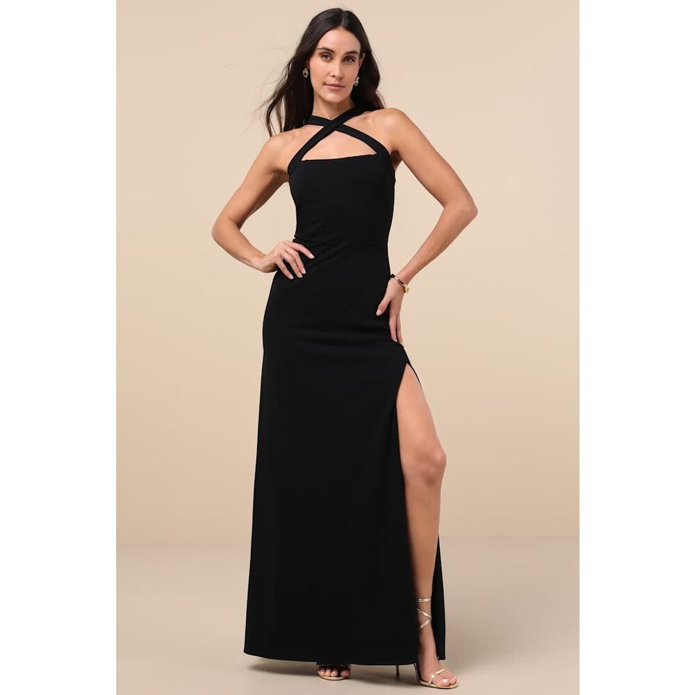 NWT Lulus Womens Medium Perfectly Demure Black Backless Column Maxi Dress Formal